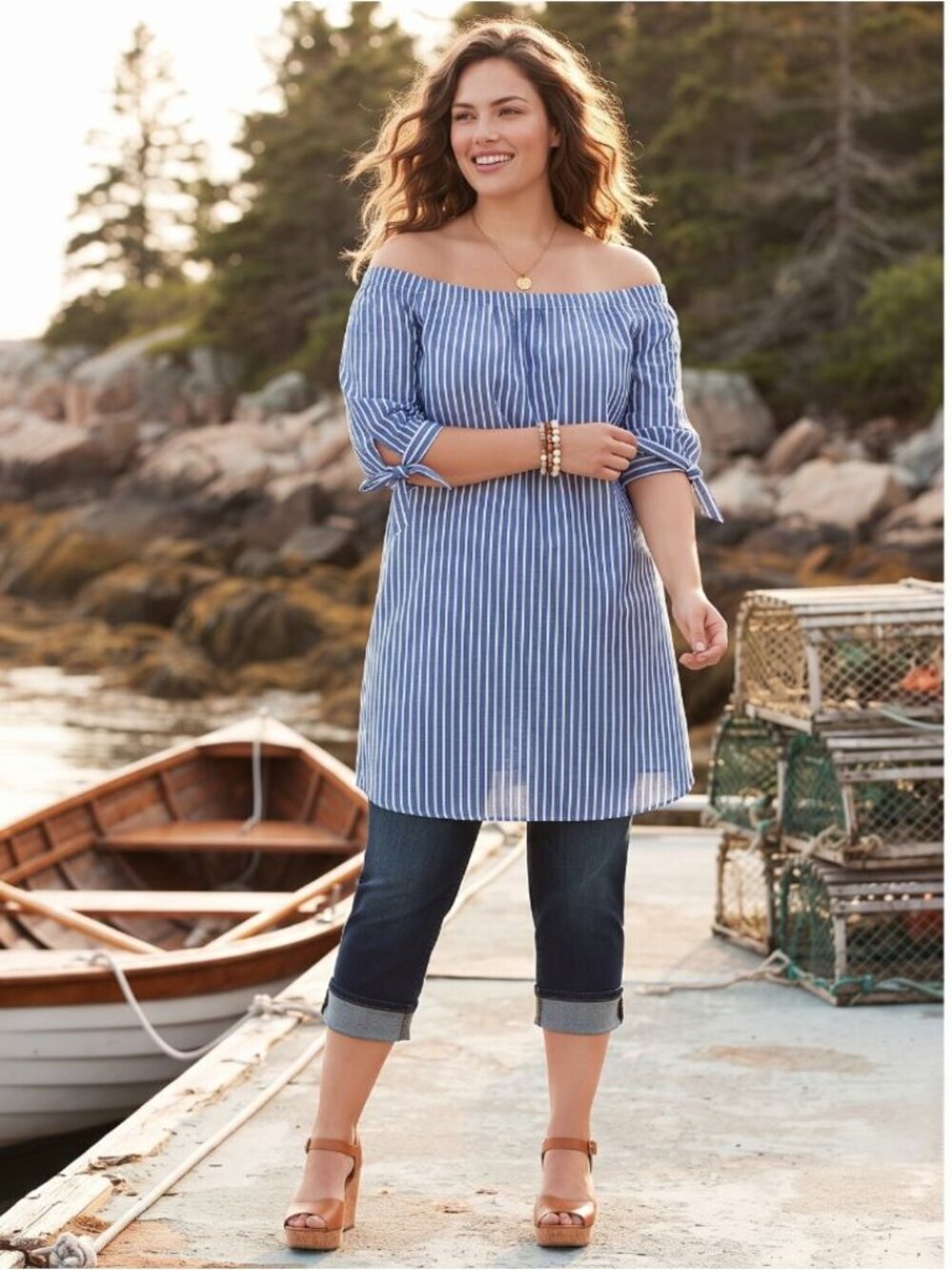 Love J Women's 1X Top Blue White Striped Off Shoulder Blouse NWT Resort Coastal